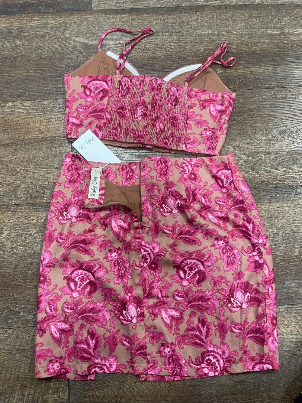 Pink Floral Coquette Matching Set Bustier Crop Top Mini Skirt NWT Size 8